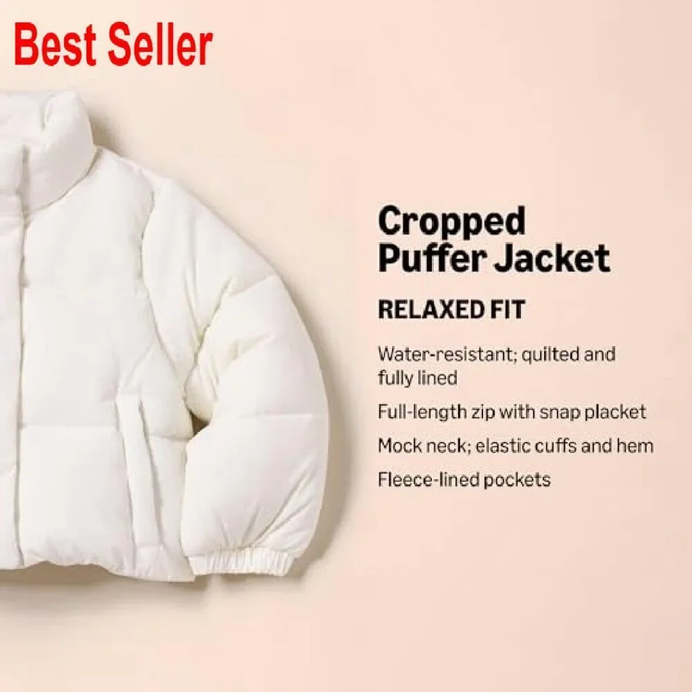 Girls Cropped Puffer Jacket Quilted Matte Sherpa Fleece Winter Coat